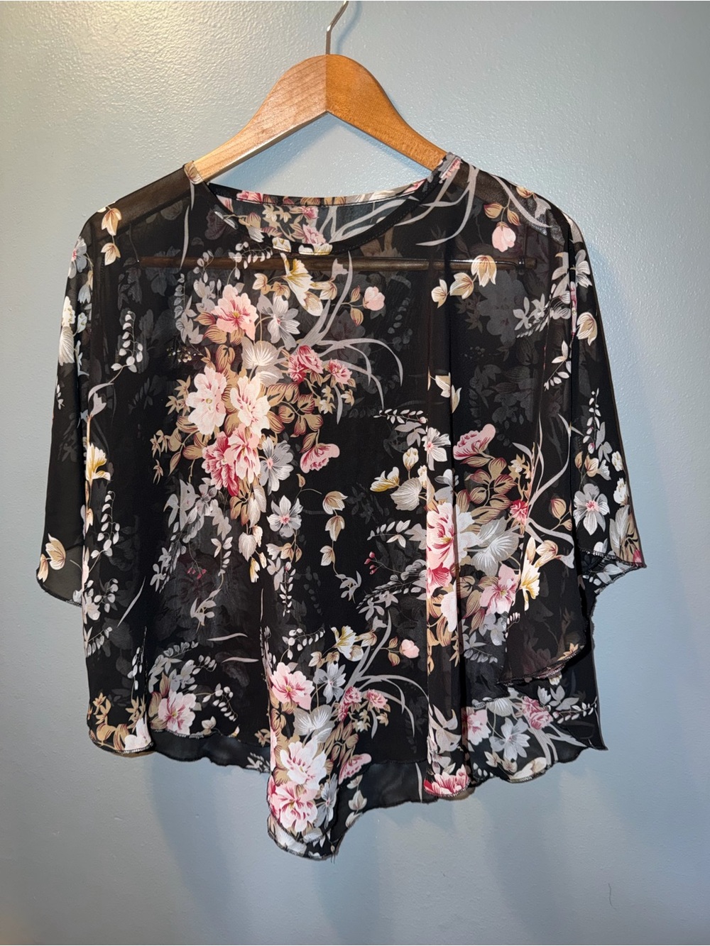 Black Floral Sheer Blouse with Pink Accents - Women